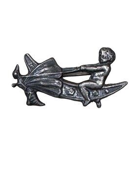 Vintage Cherub Riding Dragonfly On Insect Pewter Pin Brooch 1.5" Art Nouveau